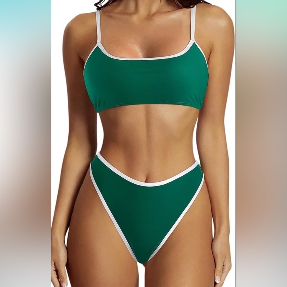 Women High Waisted 2 Piece Bikini Cheeky High Cut Bandeau Swimsuit size M A17
